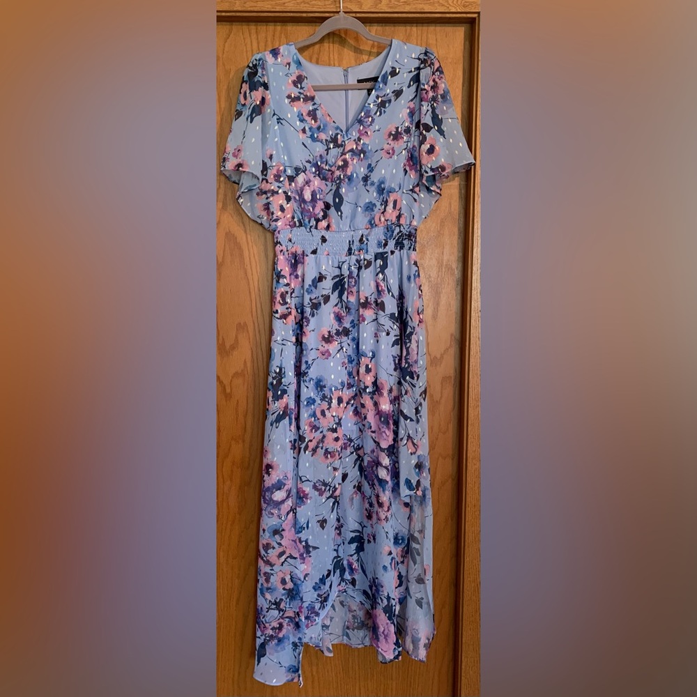 MSK Blue, Pink, and Purple Flutter Sleeve Maxi Dress